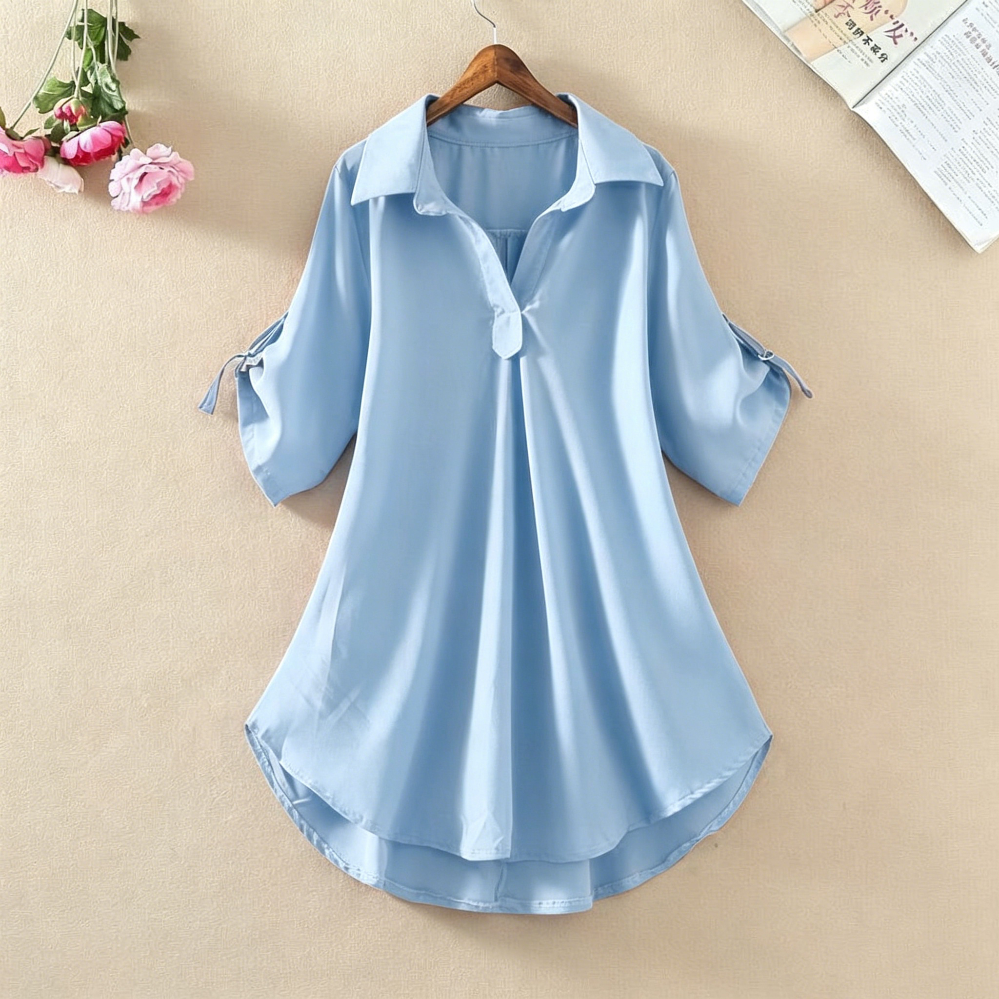 Women's Casual V-Neck Roll-Tab Sleeve Blouse