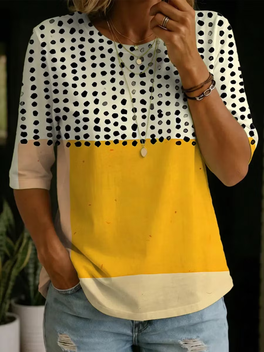Women's Abstract Pattern Art Print Casual Cotton Round Collar Shirt ...