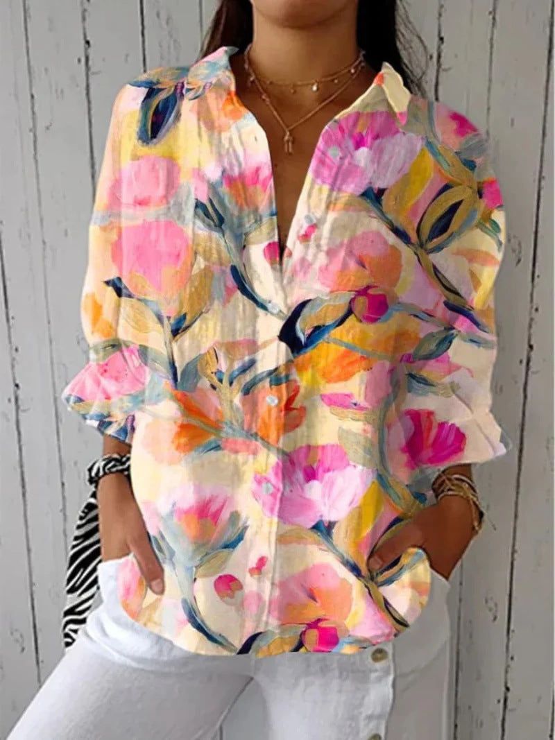 Women Floral Long Sleeve Shirt Spring/Fall Buckle Shirt Collar Daily Casual Top