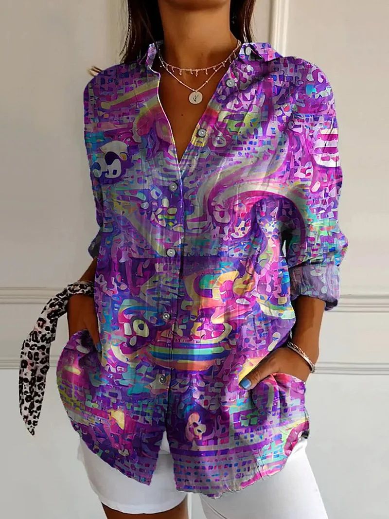 Women's Colored Irregular Geometry Print Casual Cotton Shirt