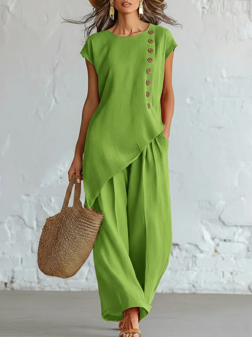 Womens Solid-Color Crew-Neck Buttoned Short-Sleeve Wide-Leg Pants Set
