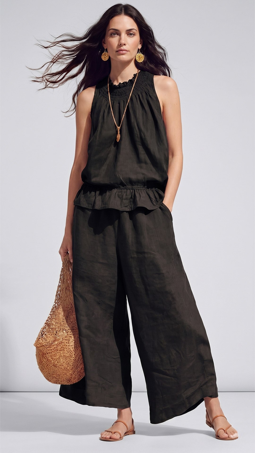 🌾 Cotton & Linen Bohemian Two-Piece Set: Ruffled Top + Wide-Leg Pants — Your Companion for the Most Comfortable Summer Days 🌾