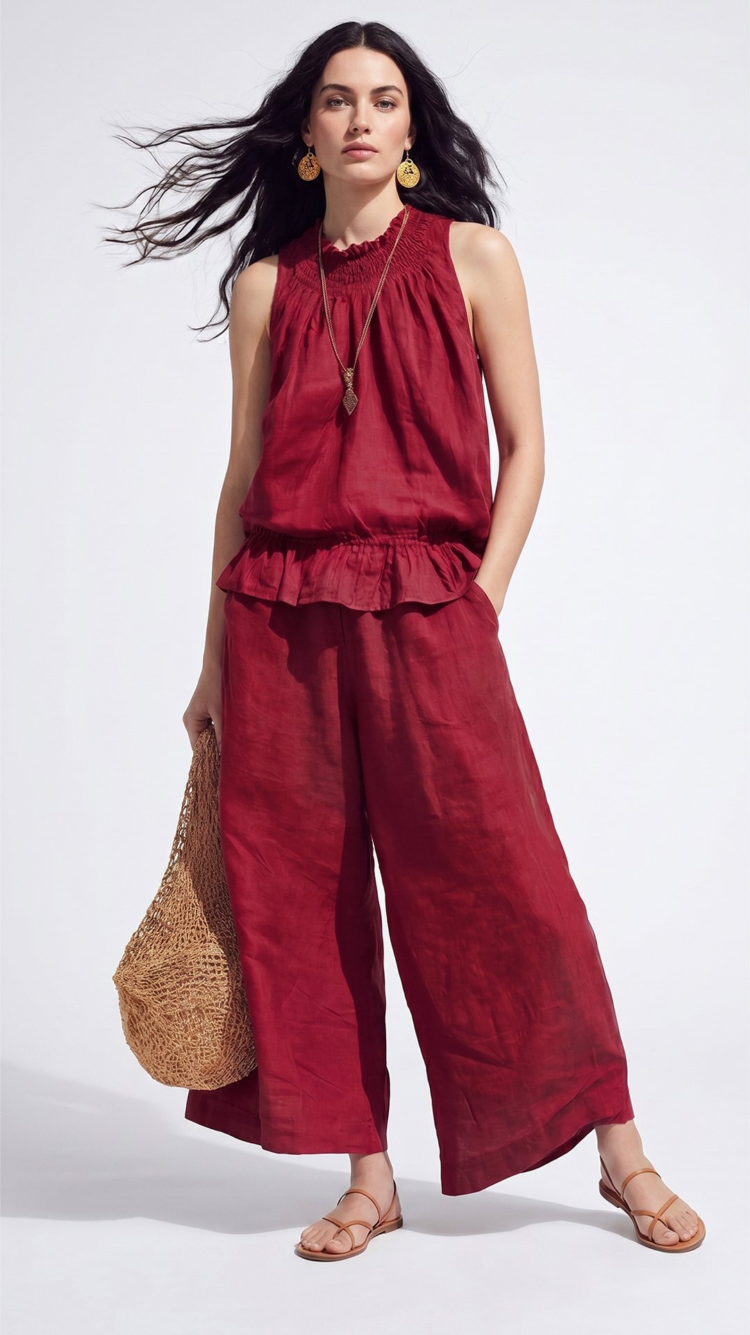 🌾 Cotton & Linen Bohemian Two-Piece Set: Ruffled Top + Wide-Leg Pants — Your Companion for the Most Comfortable Summer Days 🌾