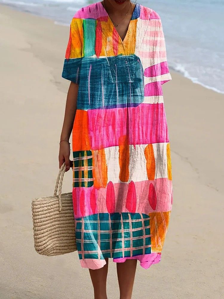 Women's Retro Style Printed Cotton And Linen Short Sleeves Bohemia Casual Maxi Dresses