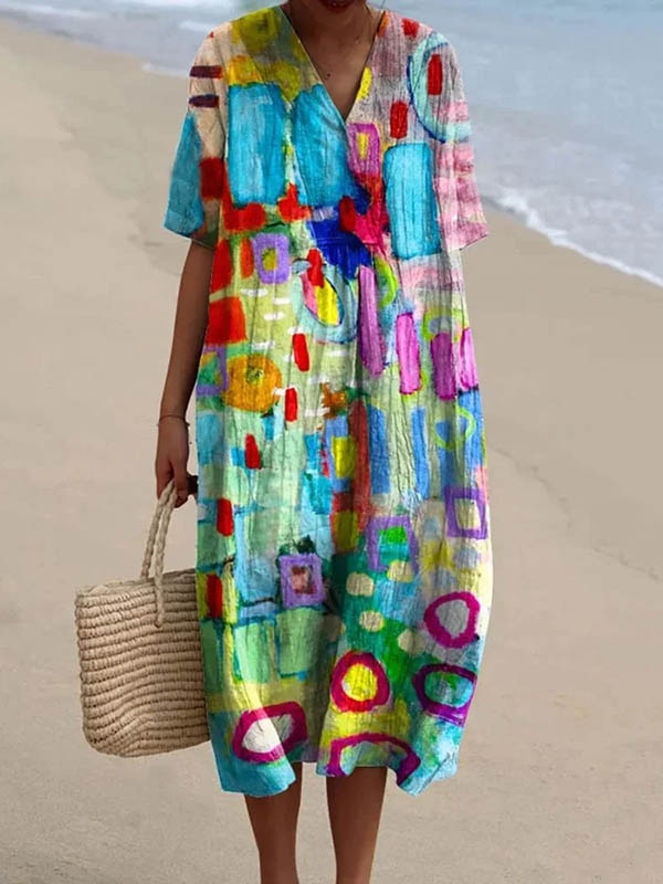 Women's Retro Style Printed Cotton And Linen Short Sleeves Bohemia Casual Maxi Dresses