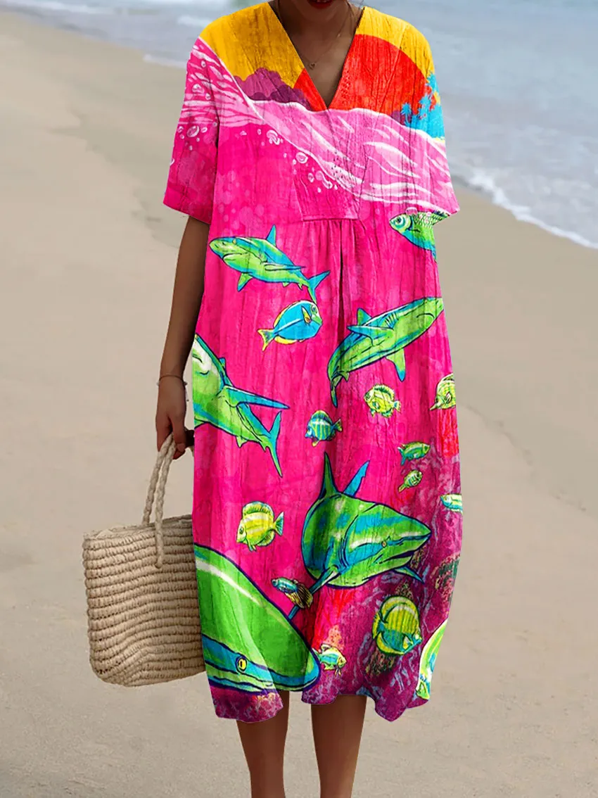 Women's Retro Style Printed Cotton And Linen Short Sleeves Bohemia Casual Maxi Dresses