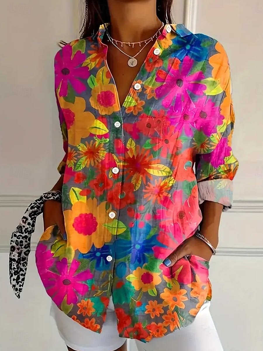 Women Floral Long Sleeve Shirt Spring/Fall Buckle Shirt Collar Daily Casual Top