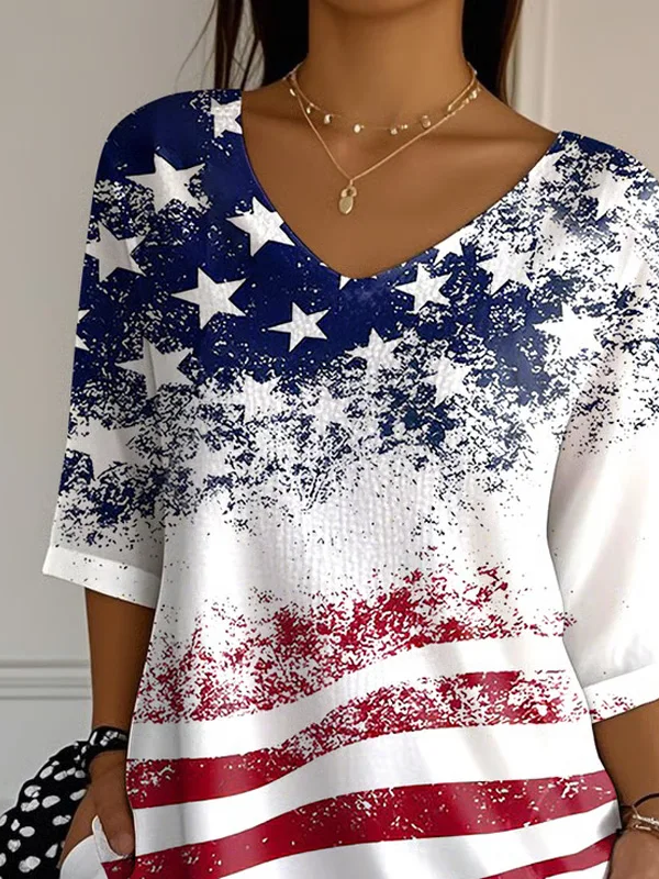 Women's Three Quarter Sleeve T-shirt Spring/Fall White America Flag Printing V Neck Daily Going Out Casual Top