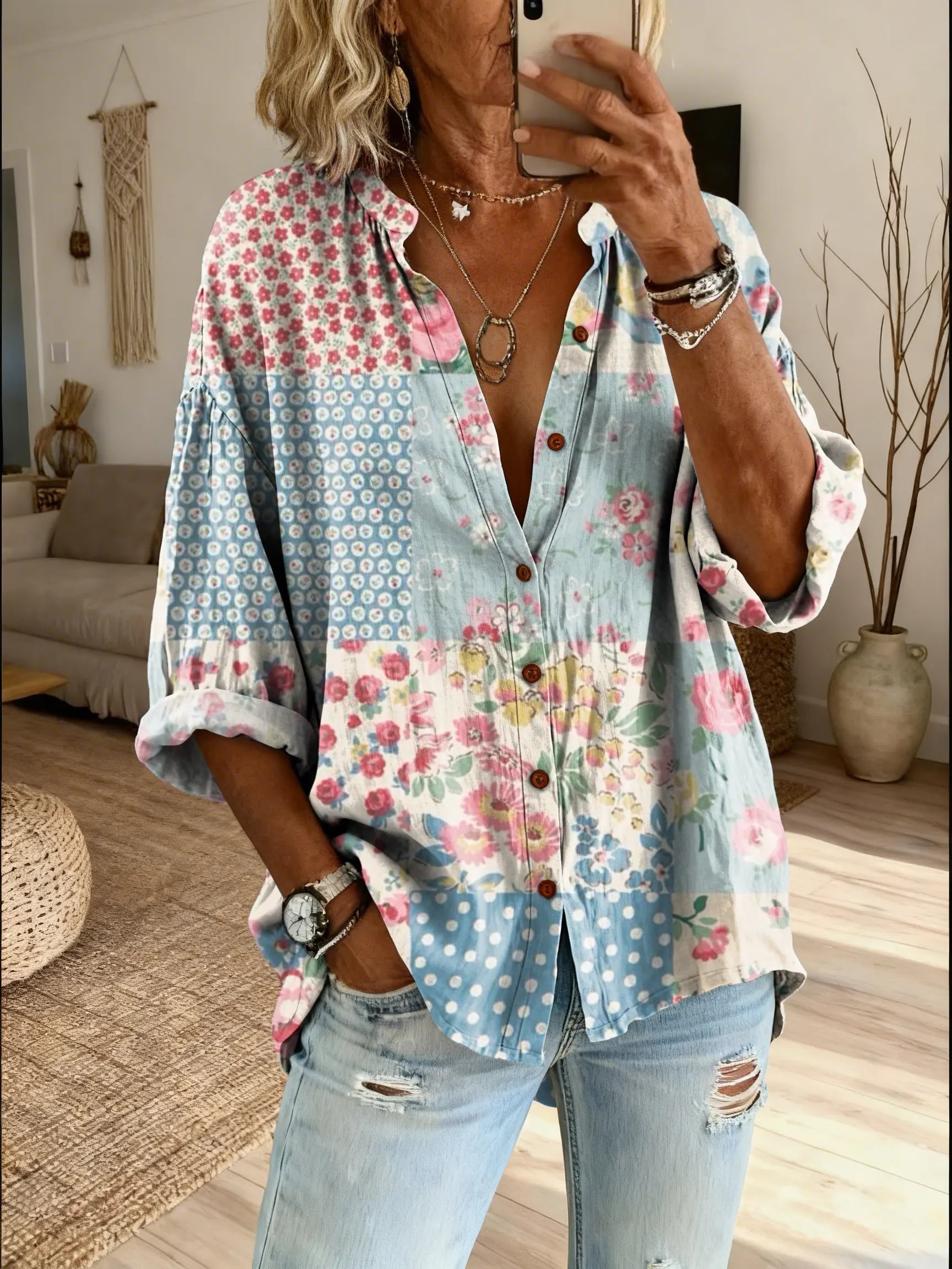 Women's Colorful Print  Print Casual Cotton Linen  Blouse