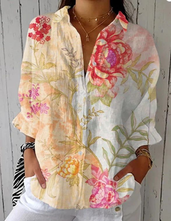 Women Floral Long Sleeve Shirt Spring/Fall Buckle Shirt Collar Daily Casual Top