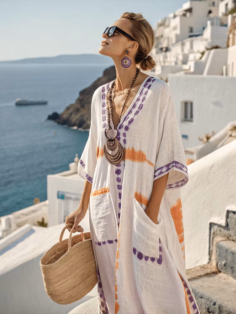 Linen Ocean Printed Loose Women's Dresses