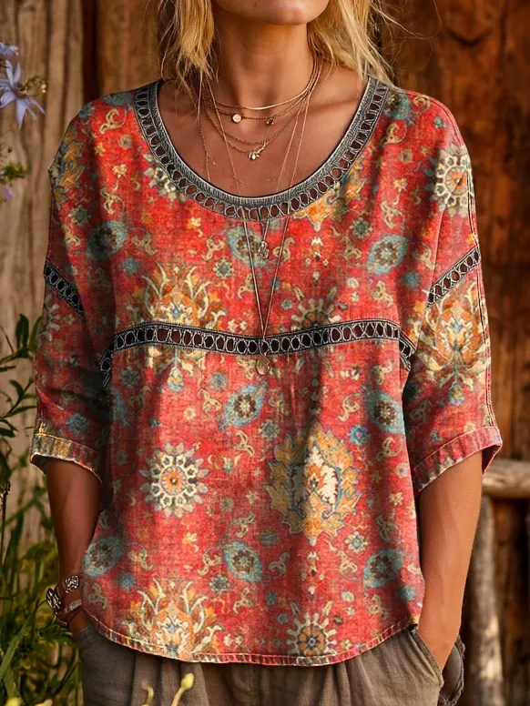 Women's Vintage Ethnic Boho Floral Art Printed Casual Round Neck Cutout Top