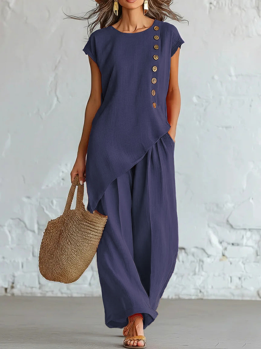 Womens Solid-Color Crew-Neck Buttoned Short-Sleeve Wide-Leg Pants Set
