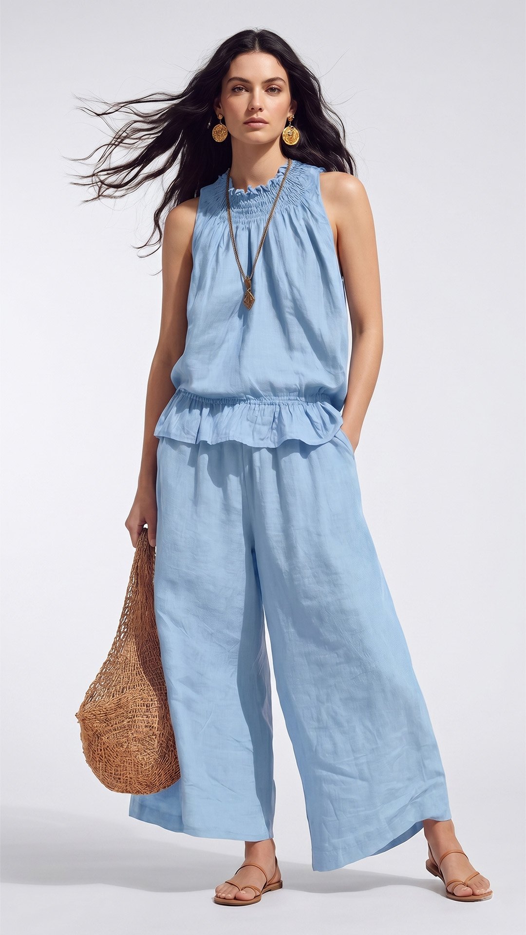 🌾 Cotton & Linen Bohemian Two-Piece Set: Ruffled Top + Wide-Leg Pants — Your Companion for the Most Comfortable Summer Days 🌾
