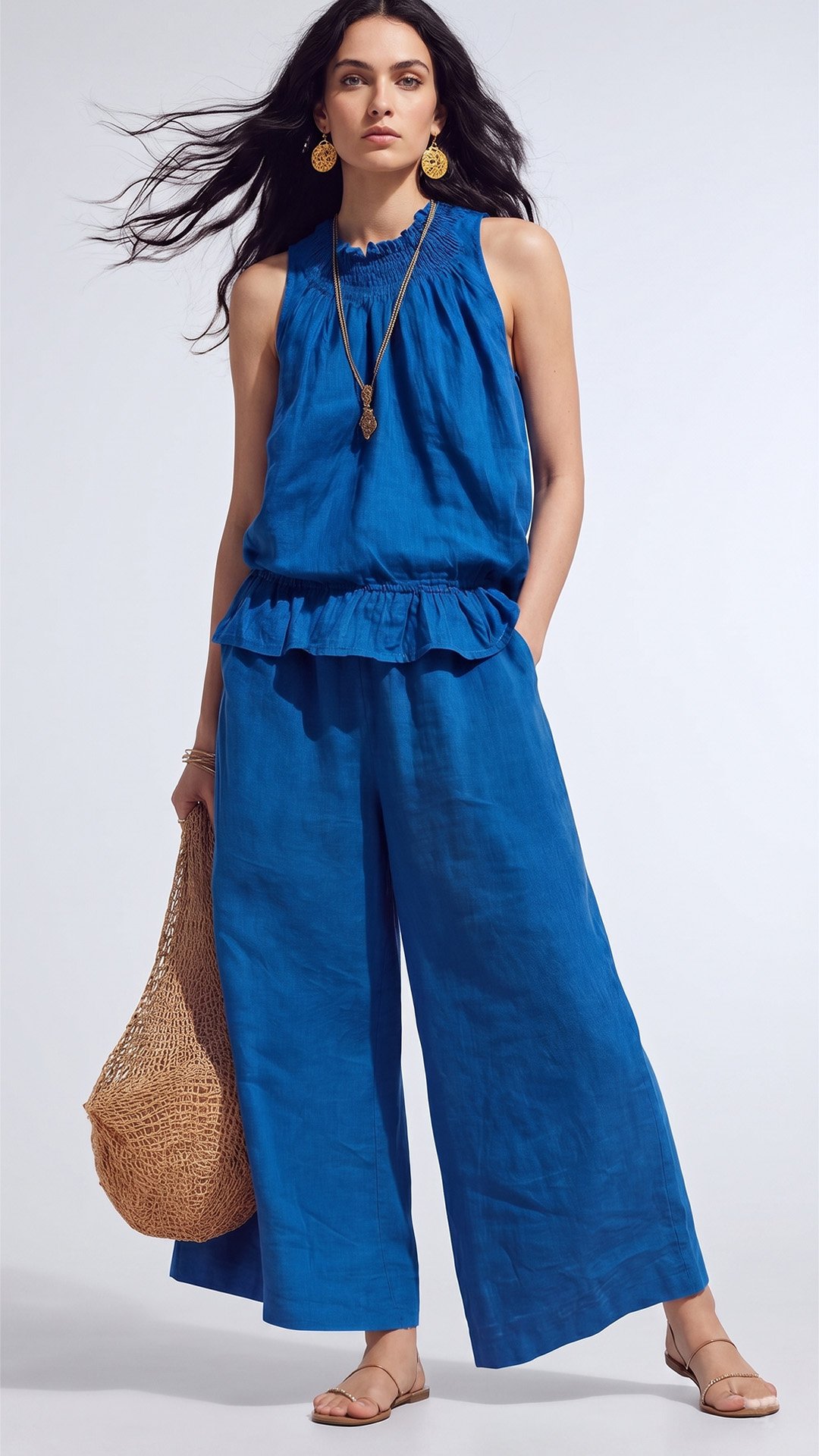 🌾 Cotton & Linen Bohemian Two-Piece Set: Ruffled Top + Wide-Leg Pants — Your Companion for the Most Comfortable Summer Days 🌾