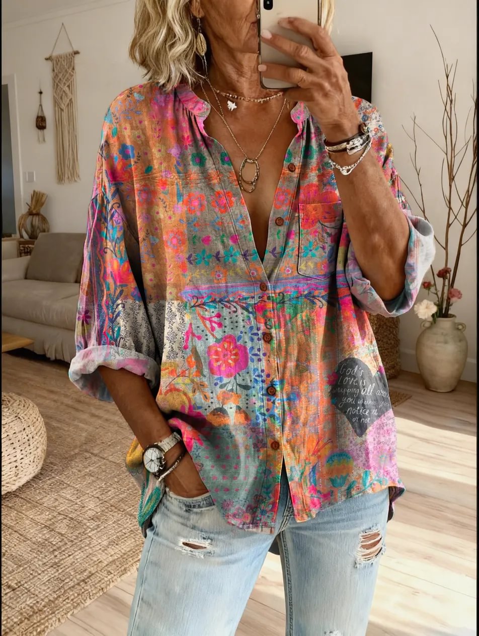 Women's Retro Colorful Striped Floral Art Print Casual Cotton Linen Shirt