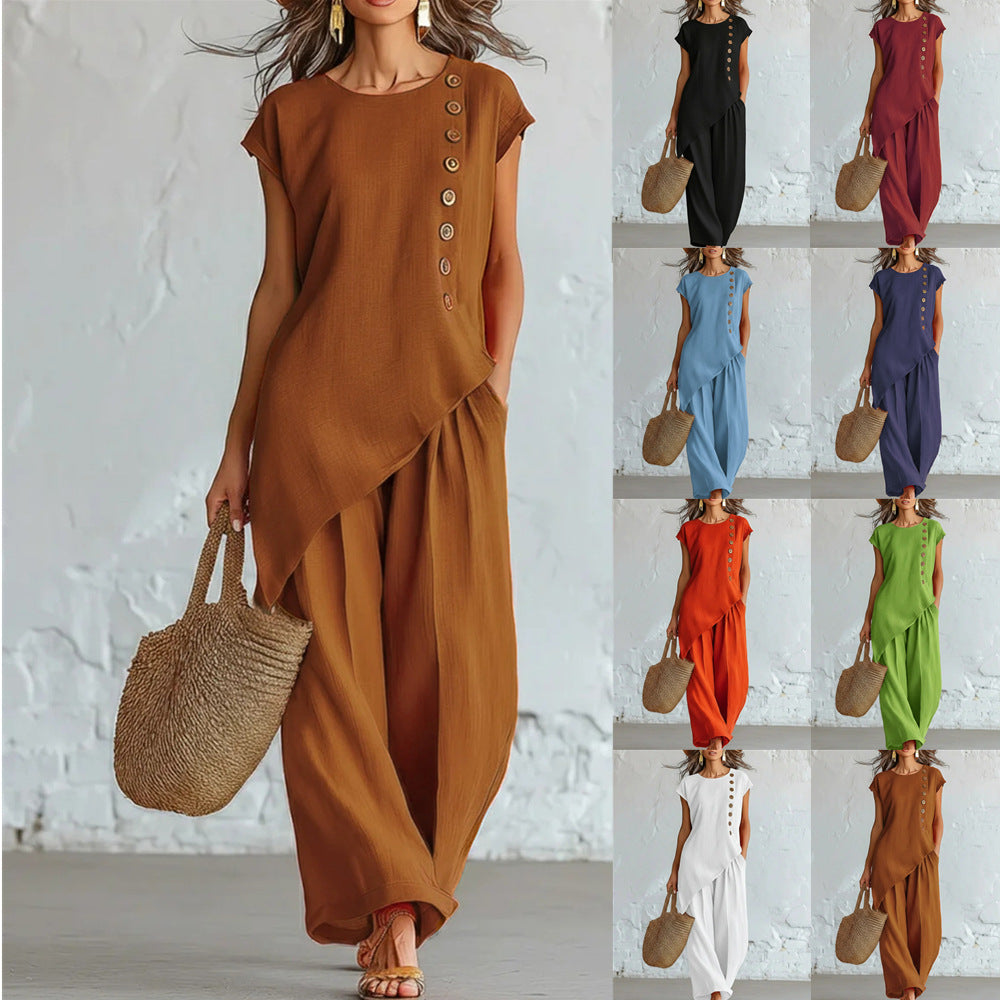 Womens Solid-Color Crew-Neck Buttoned Short-Sleeve Wide-Leg Pants Set