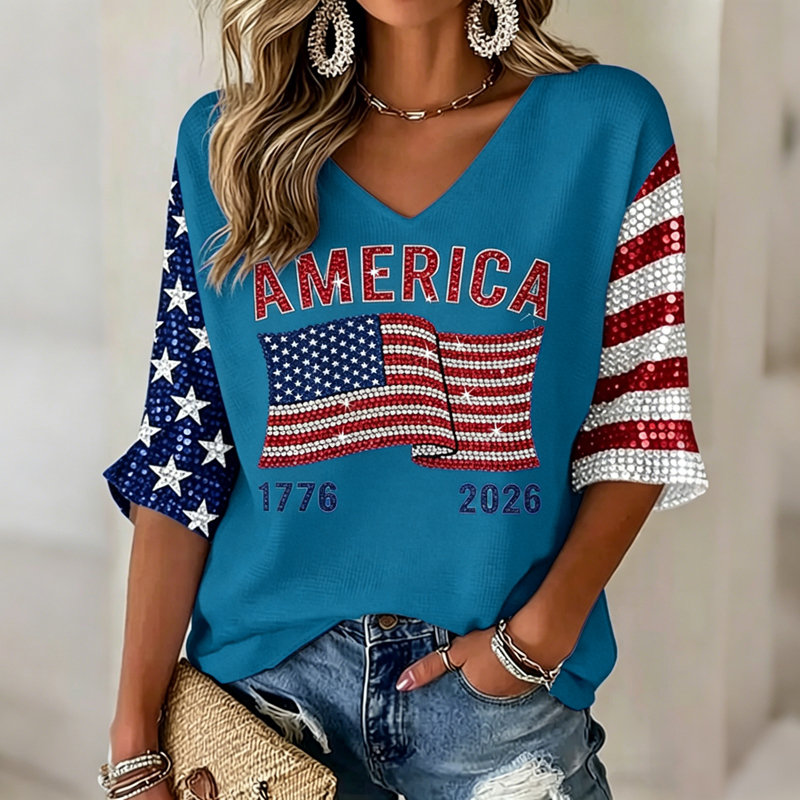 Women's Flag Art Three-quarter Sleeve V Neck Linen Tops