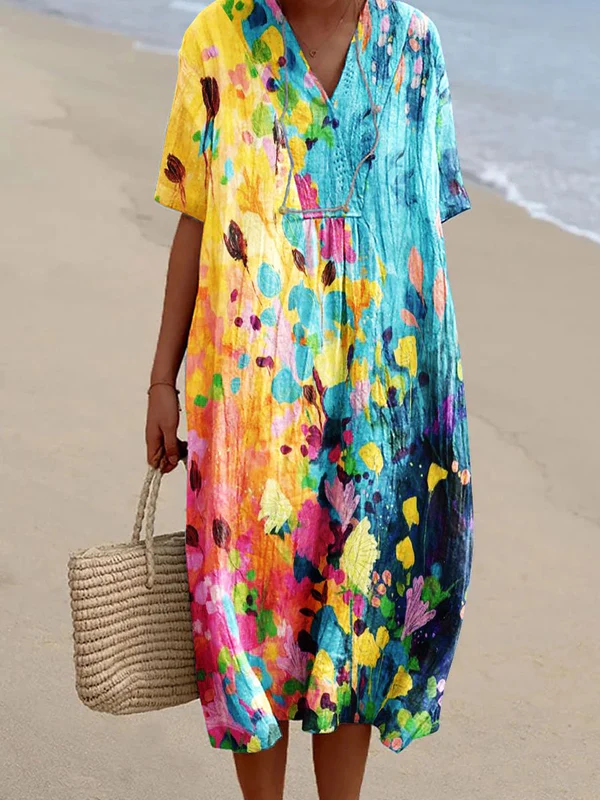 Women's Retro Style Printed Cotton And Linen Short Sleeves Bohemia Casual Maxi Dresses