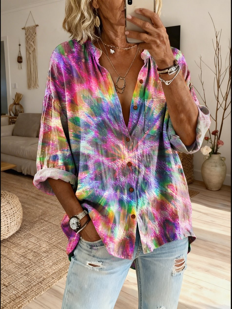 Women's Retro Colorful Striped Floral Art Print Casual Cotton Linen Shirt