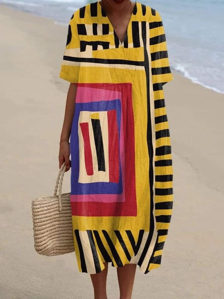 Women's Retro Style Printed Cotton And Linen Short Sleeves Bohemia Casual Maxi Dresses