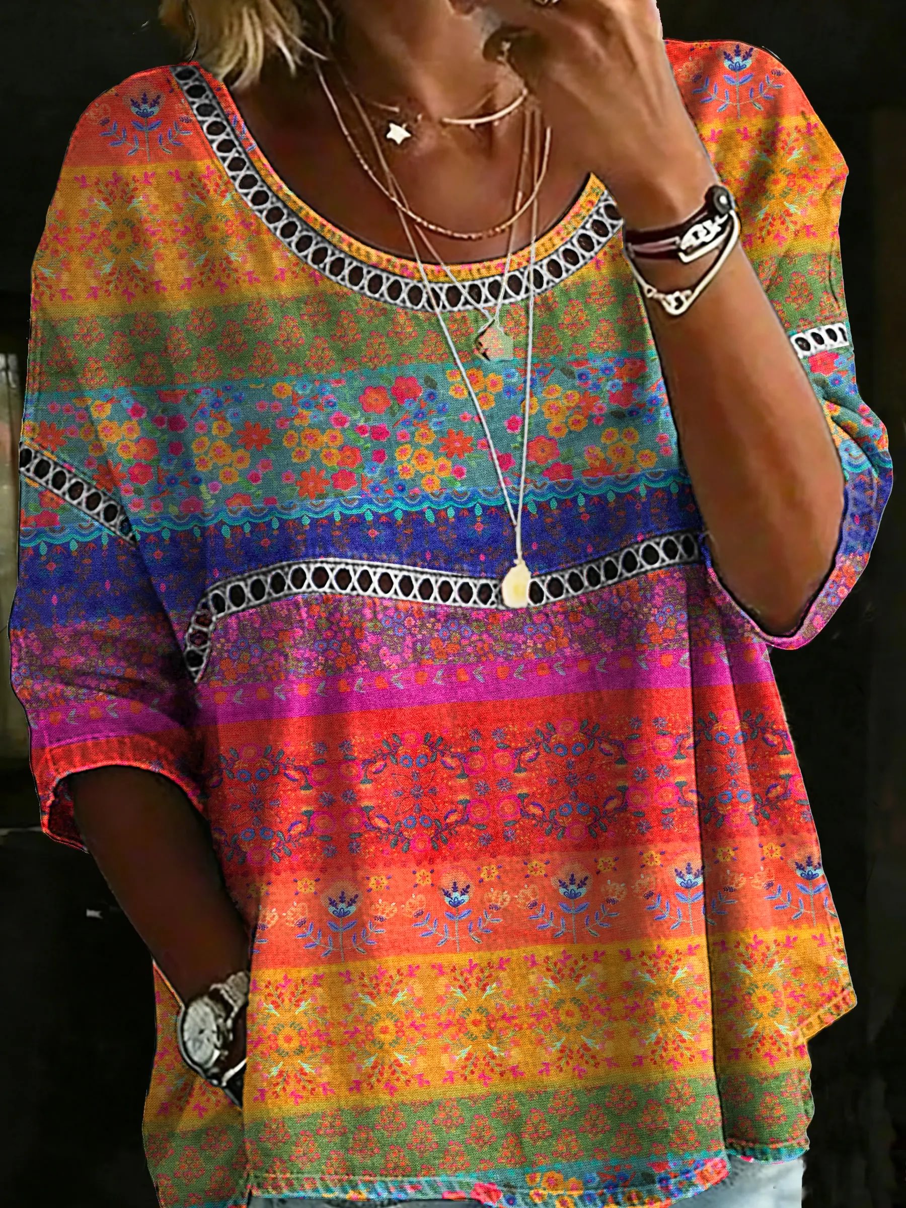 Women's Vintage Ethnic Totem Casual Loose Denim Blouse Shirt