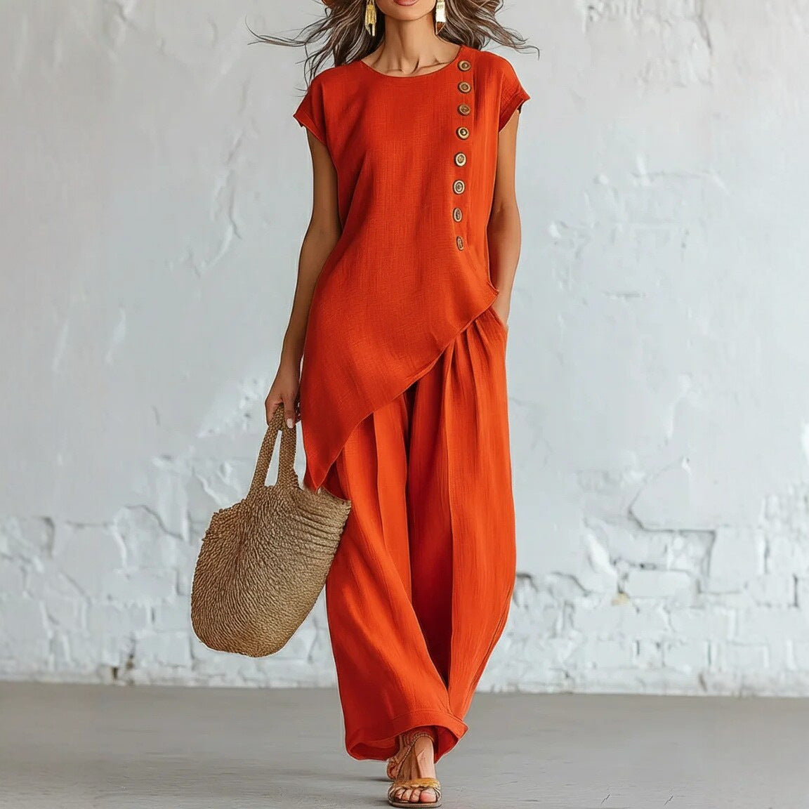 Womens Solid-Color Crew-Neck Buttoned Short-Sleeve Wide-Leg Pants Set