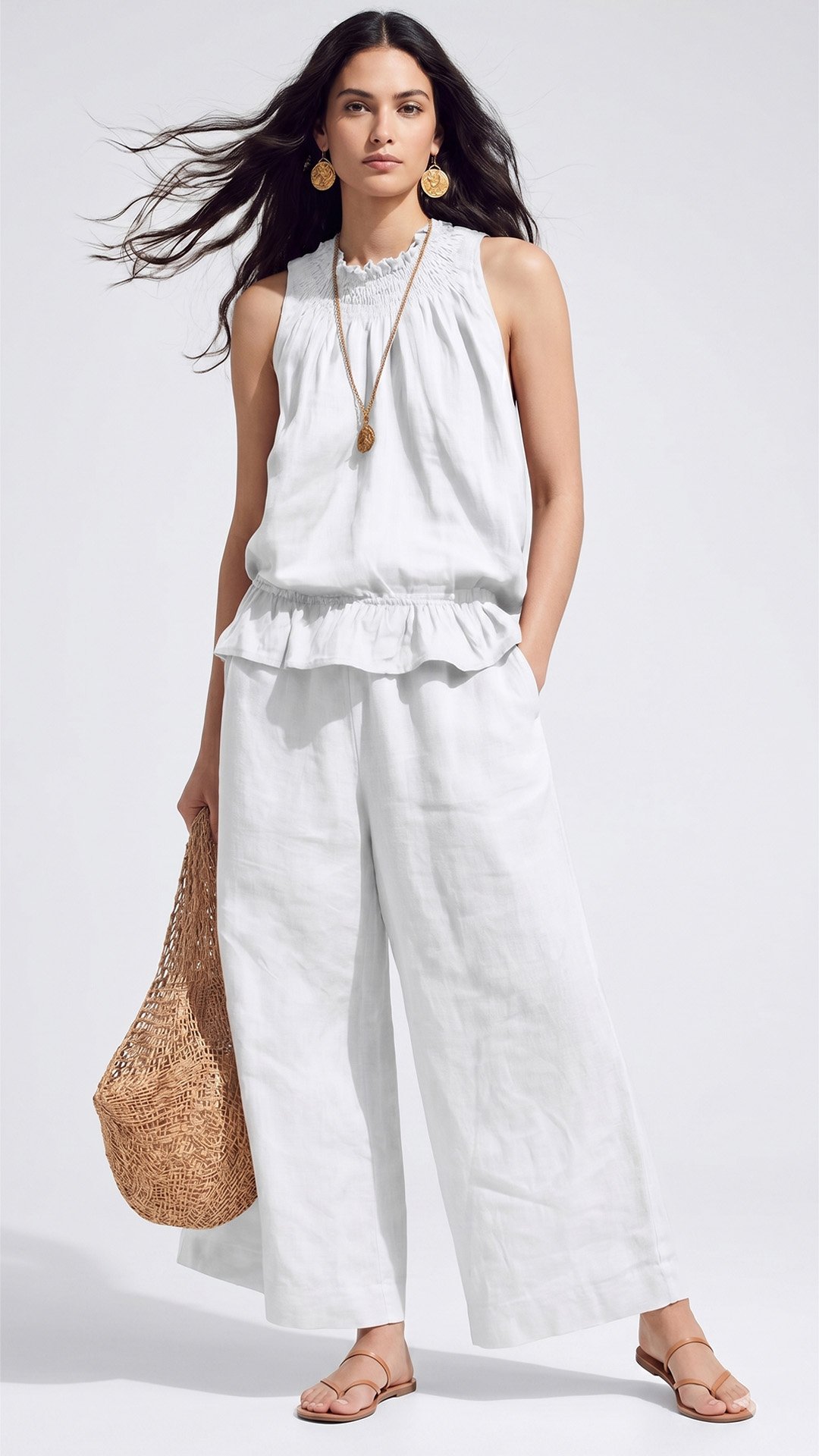 🌾 Cotton & Linen Bohemian Two-Piece Set: Ruffled Top + Wide-Leg Pants — Your Companion for the Most Comfortable Summer Days 🌾
