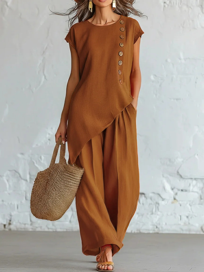 Womens Solid-Color Crew-Neck Buttoned Short-Sleeve Wide-Leg Pants Set