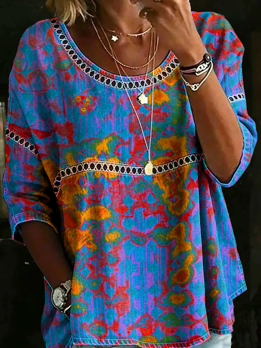 Women's Vintage Ethnic Totem Casual Loose Denim Blouse Shirt