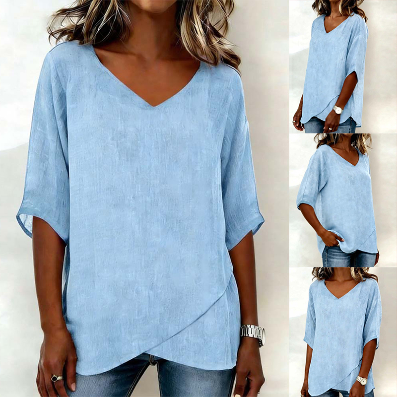 Cotton-Linen Blend Irregular Hem Round-Neck Shirt with Three-Quarter Sleeves
