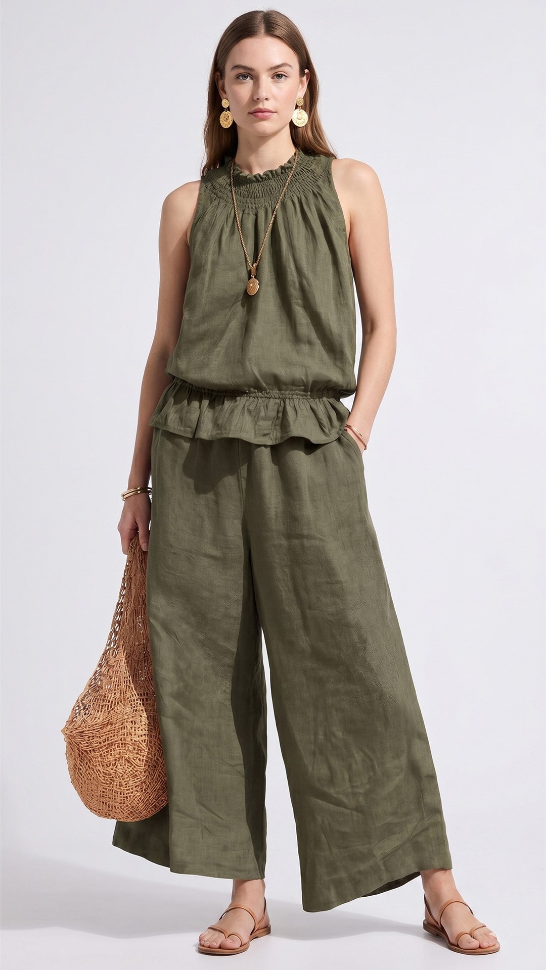 🌾 Cotton & Linen Bohemian Two-Piece Set: Ruffled Top + Wide-Leg Pants — Your Companion for the Most Comfortable Summer Days 🌾