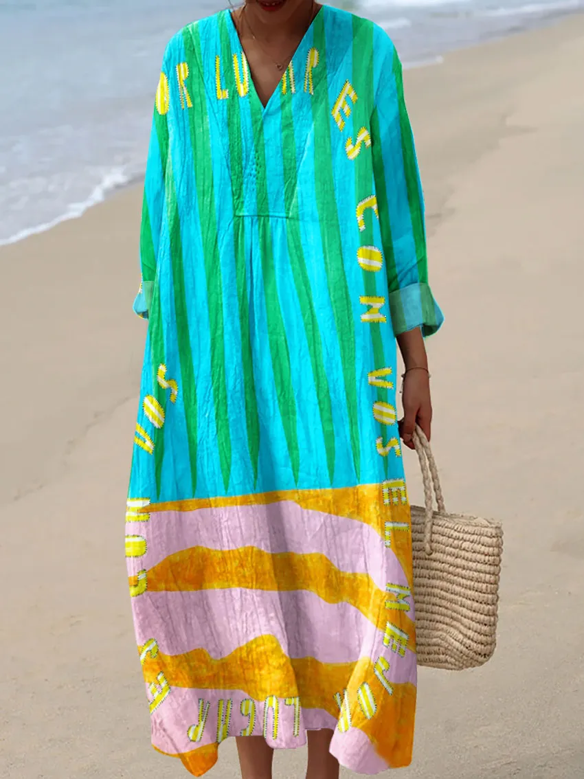 Women's Retro Style Printed Cotton And Linen Short Sleeves Bohemia Casual Maxi Dresses