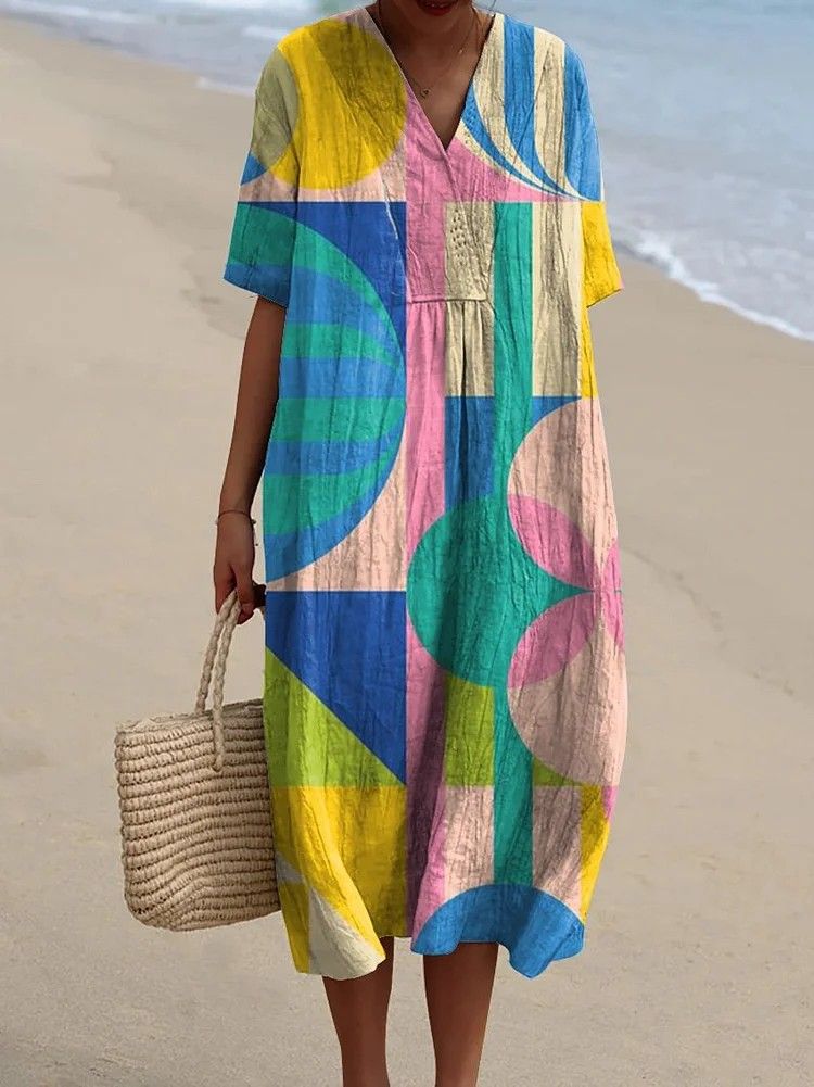 Women's Retro Style Printed Cotton And Linen Short Sleeves Bohemia Casual Maxi Dresses