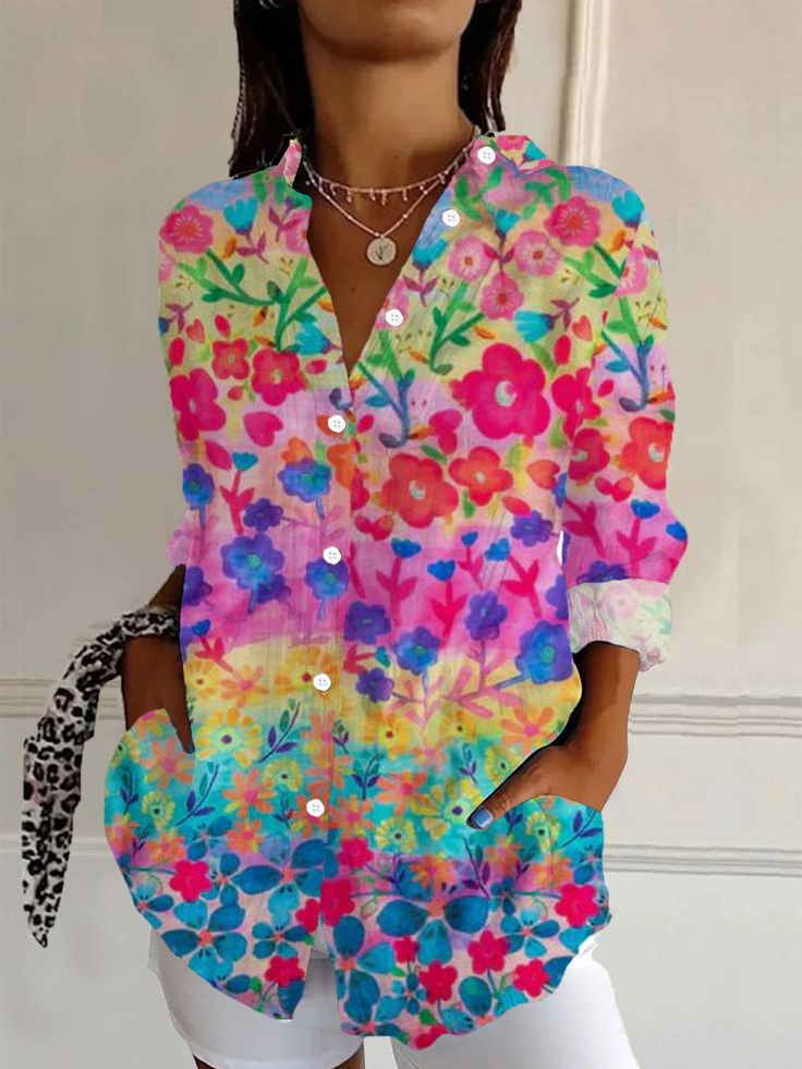 Women Floral Long Sleeve Shirt Spring/Fall Buckle Shirt Collar Daily Casual Top