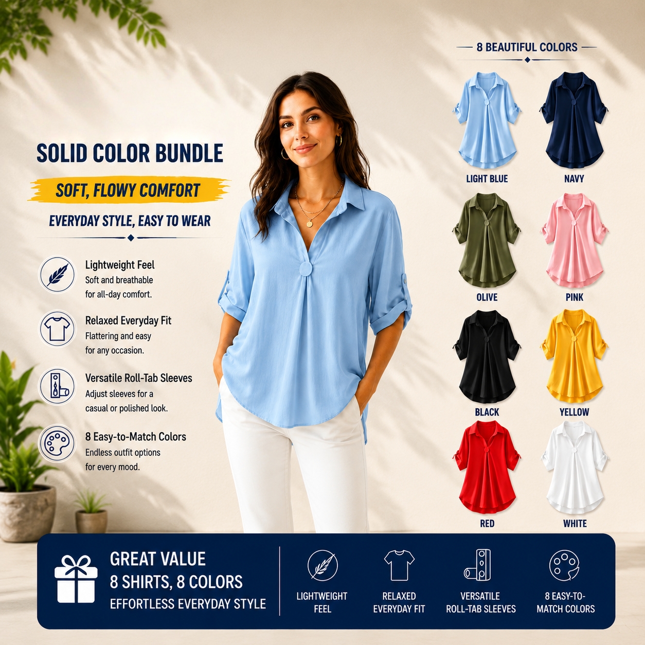 Women's Casual V-Neck Roll-Tab Sleeve Blouse