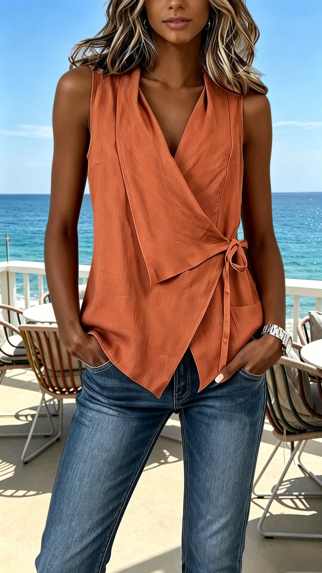 Women's Wrap-Front Tie Cotton-Blend Sleeveless Top