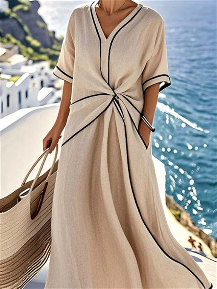 Summer Women's New Bohemian Style Elegant Dress V-Neck Long Skirt