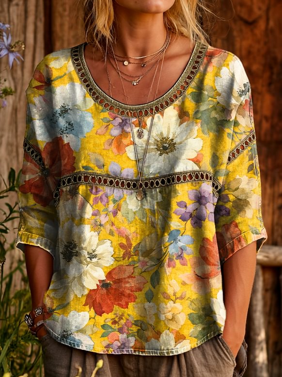 Women's Vintage Ethnic Boho Floral Art Printed Casual Round Neck Cutout Top