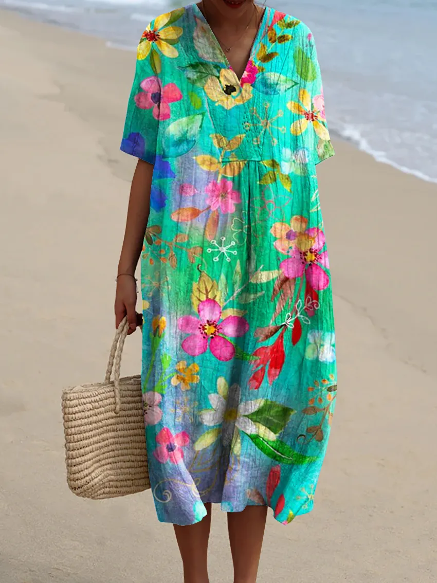Women's Retro Style Printed Cotton And Linen Short Sleeves Bohemia Casual Maxi Dresses