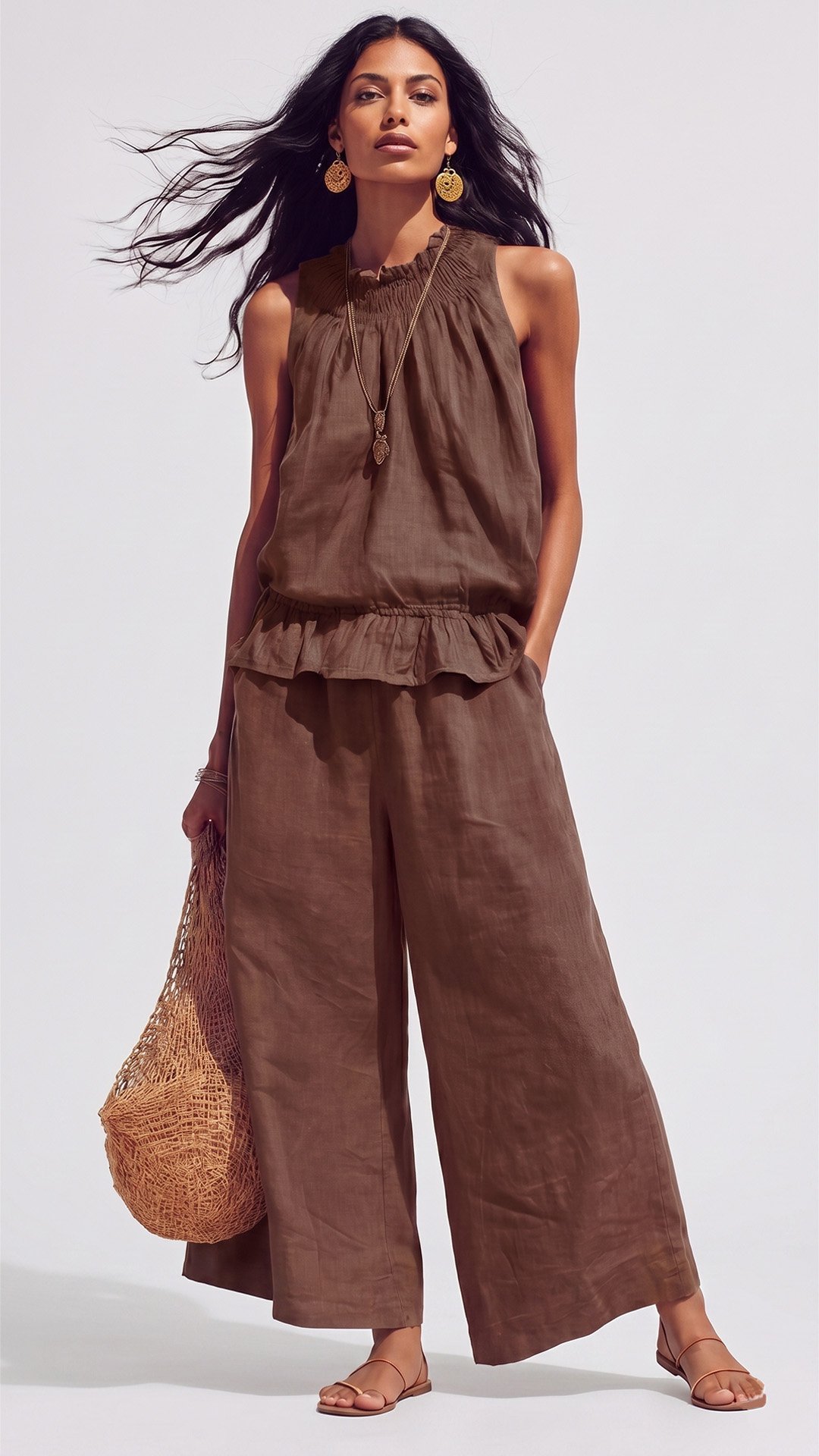 🌾 Cotton & Linen Bohemian Two-Piece Set: Ruffled Top + Wide-Leg Pants — Your Companion for the Most Comfortable Summer Days 🌾