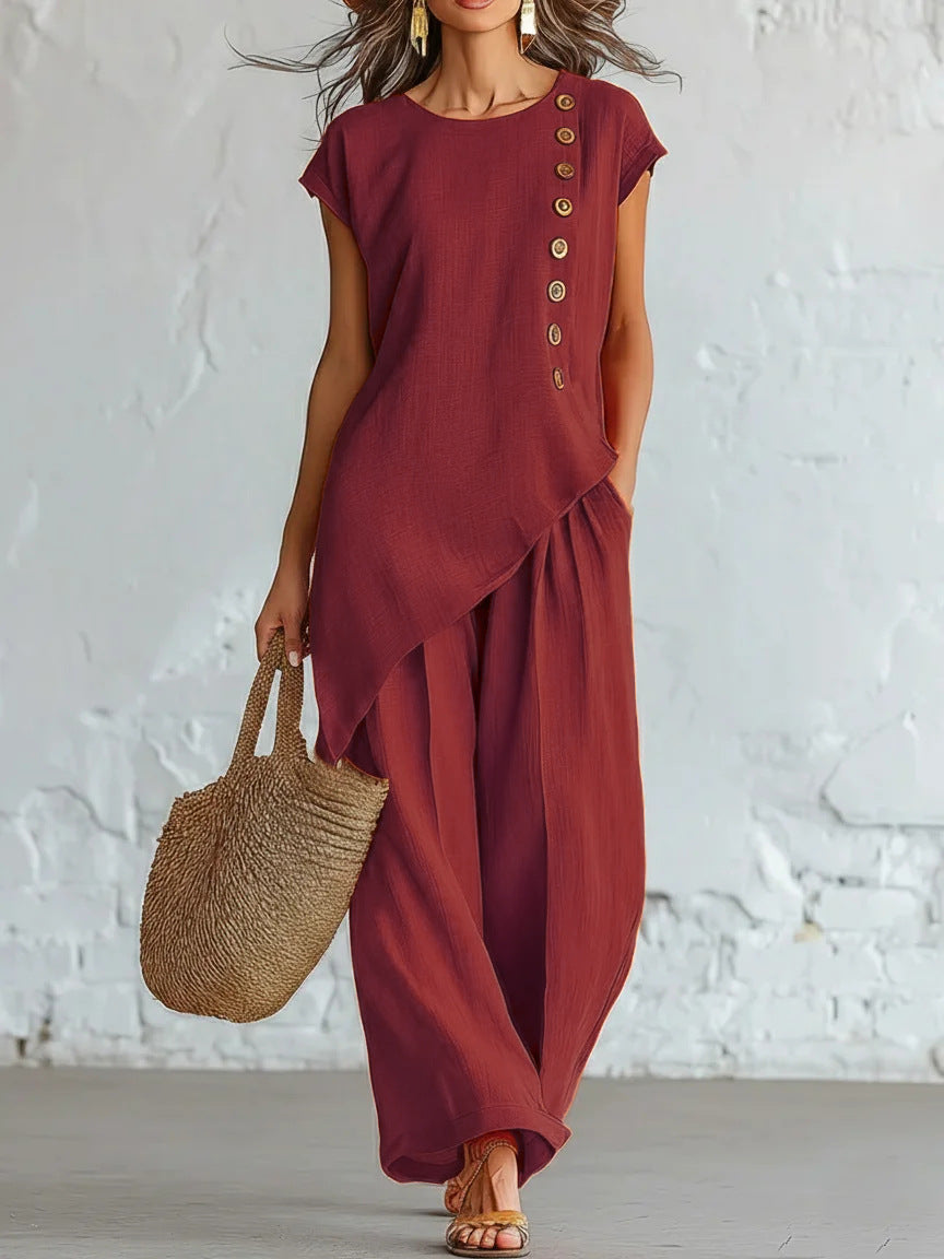 Womens Solid-Color Crew-Neck Buttoned Short-Sleeve Wide-Leg Pants Set