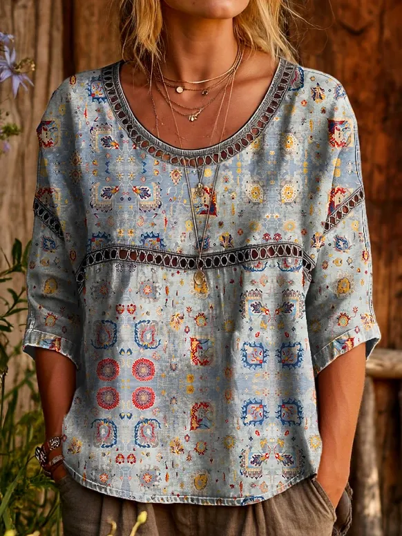 Women's Vintage Ethnic Boho Floral Art Printed Casual Round Neck Cutout Top
