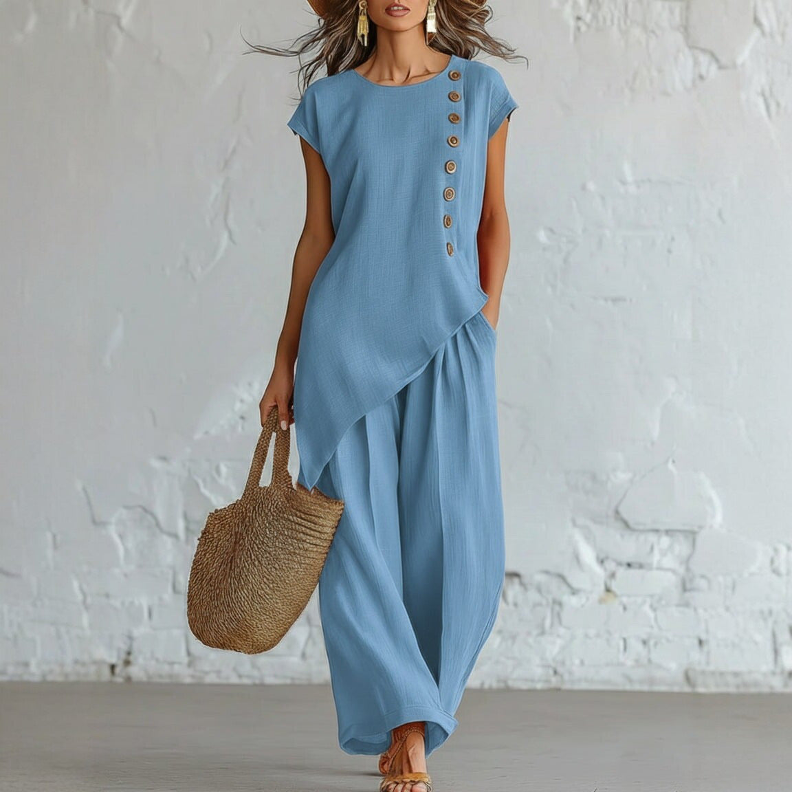 Womens Solid-Color Crew-Neck Buttoned Short-Sleeve Wide-Leg Pants Set
