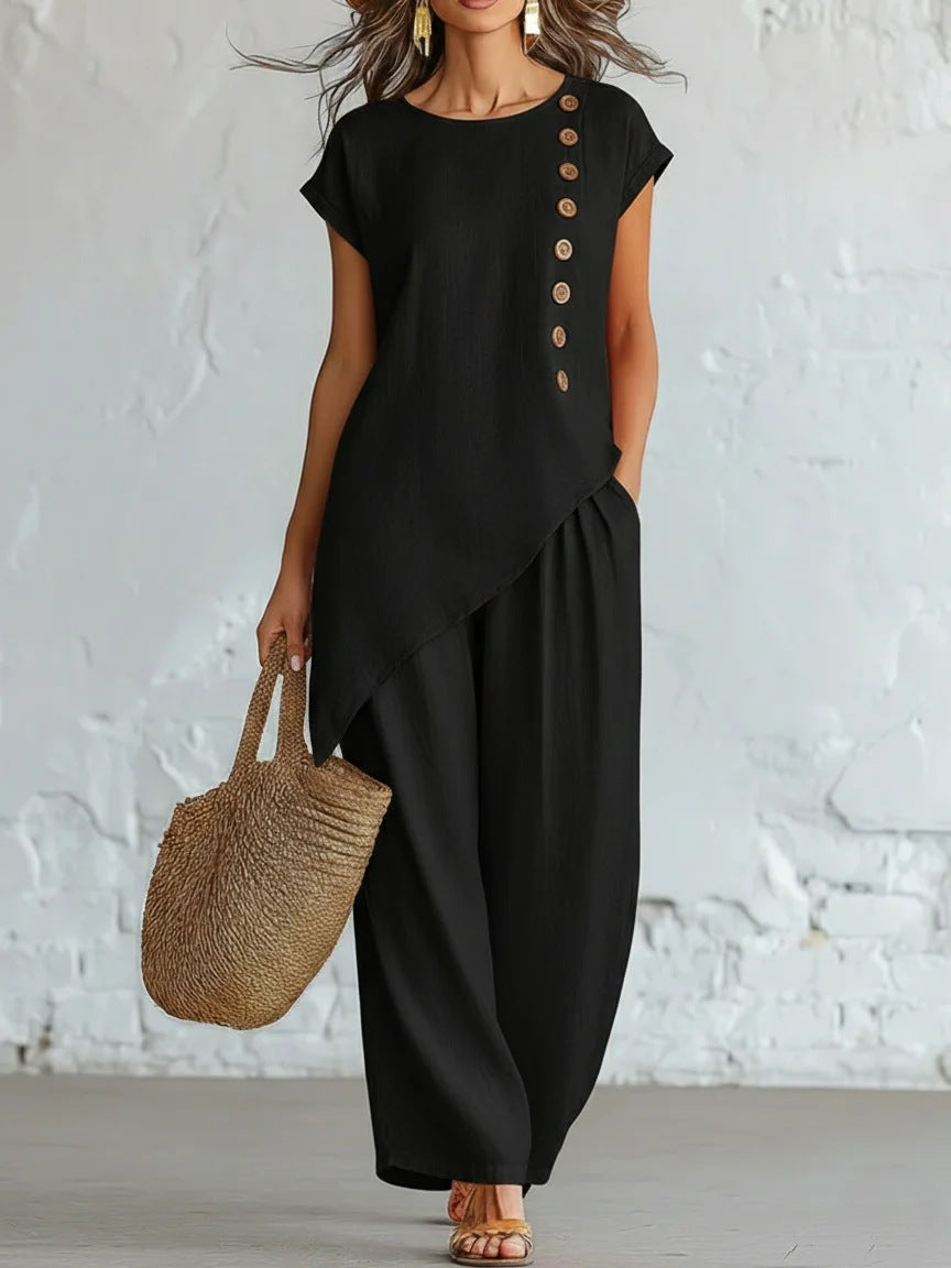 Womens Solid-Color Crew-Neck Buttoned Short-Sleeve Wide-Leg Pants Set