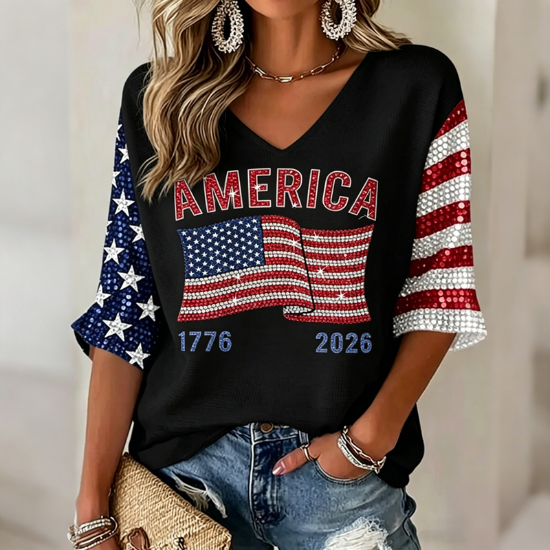 Women's Flag Art Three-quarter Sleeve V Neck Linen Tops