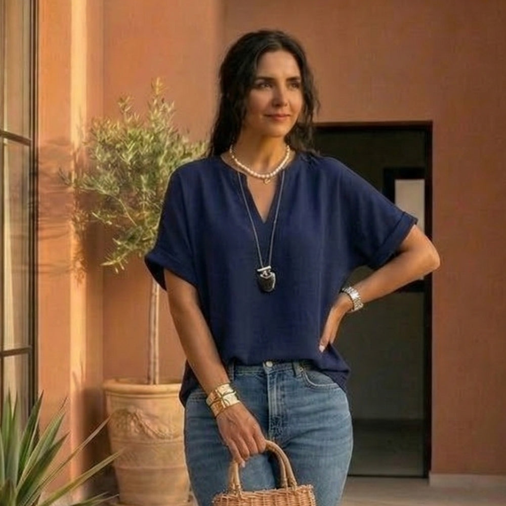 Women's Casual V-Neck Loose Fit Blouse with Short Sleeves