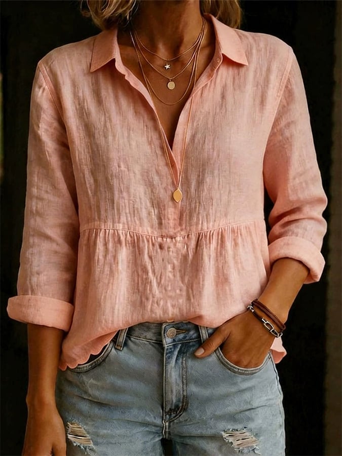 Women'S Casual Loose-Fitting Solid Color Cotton And Linen Shirt