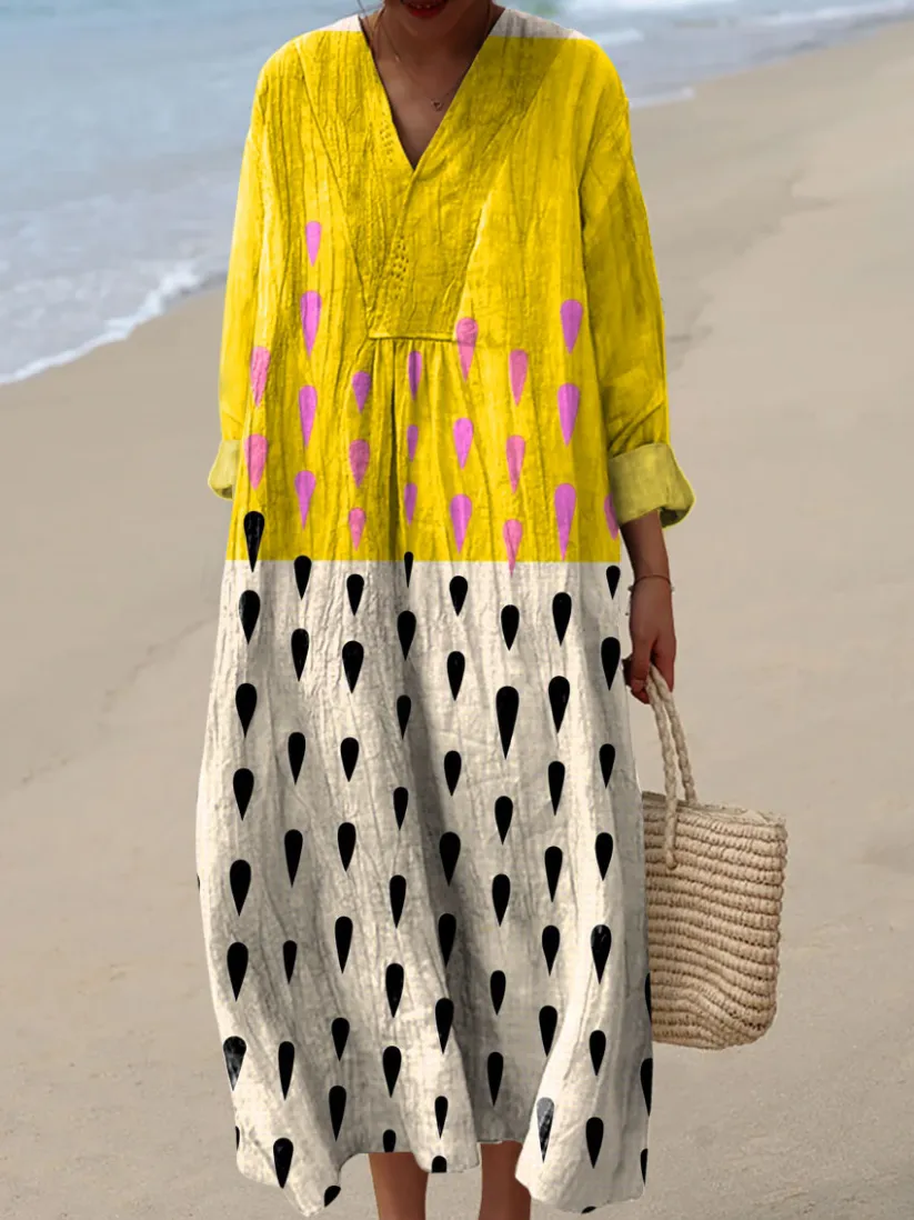 Women's Retro Style Printed Cotton And Linen Short Sleeves Bohemia Casual Maxi Dresses