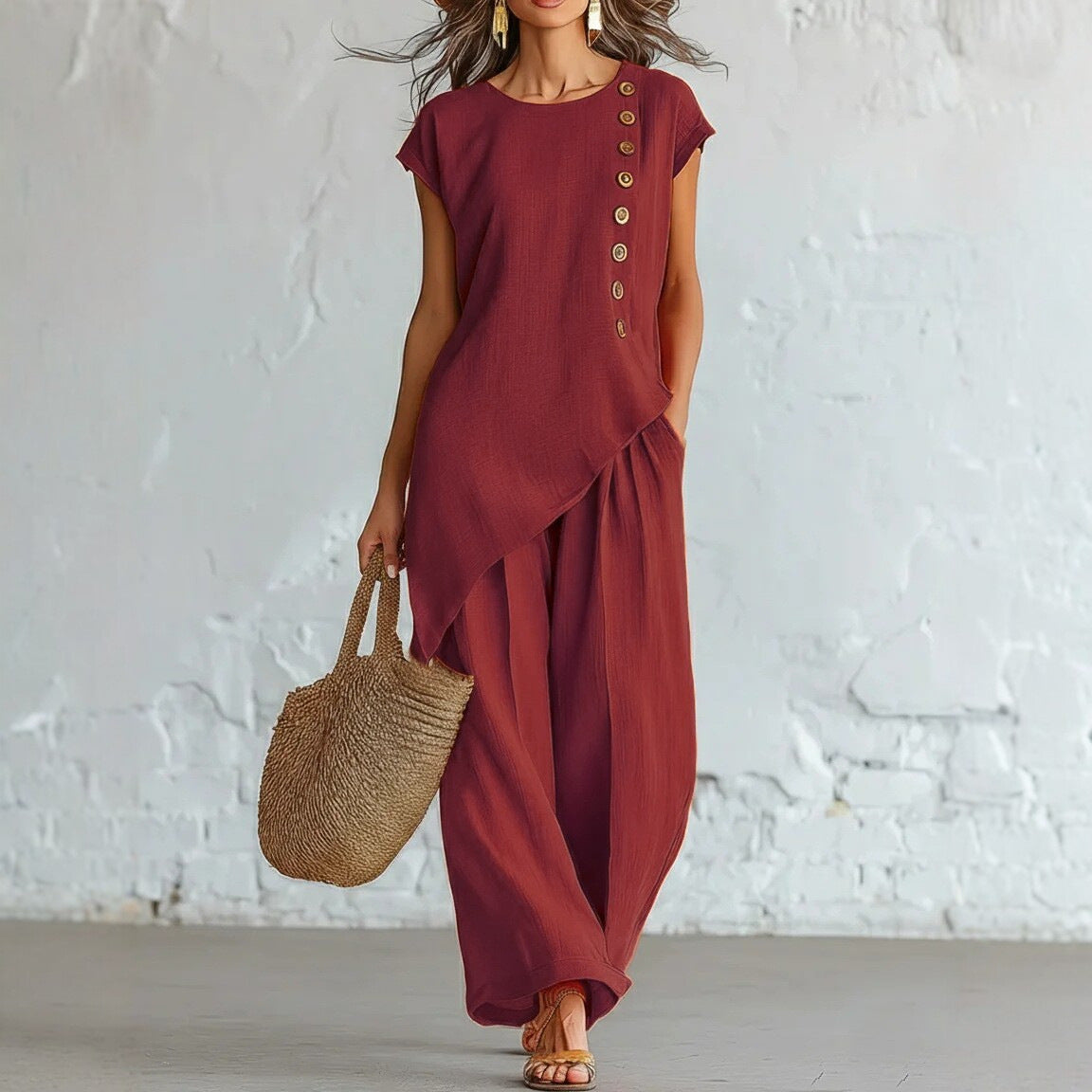 Womens Solid-Color Crew-Neck Buttoned Short-Sleeve Wide-Leg Pants Set